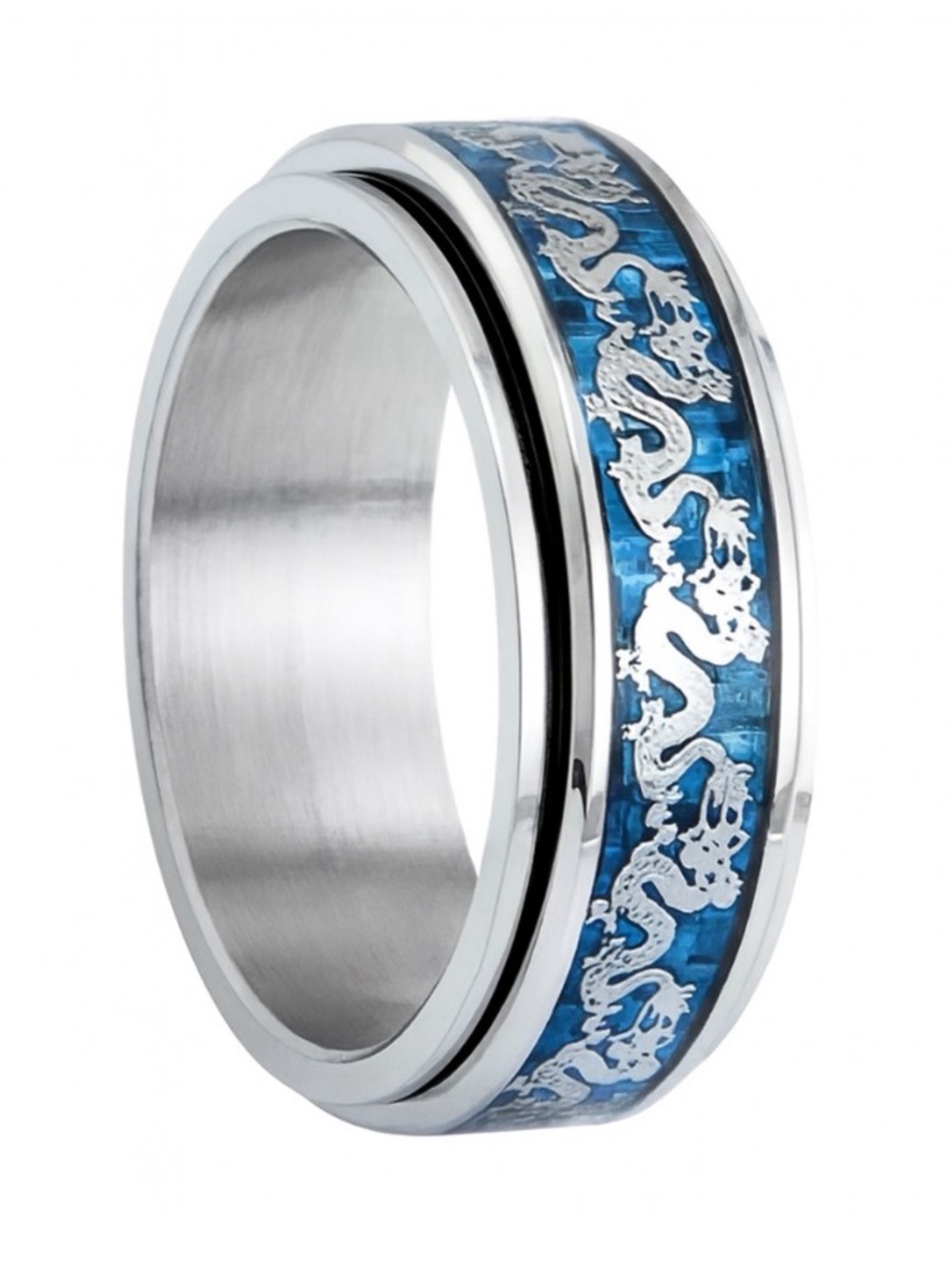 Stainless Steel Blue Dragon Inlay Spinner Ring - Silver Band